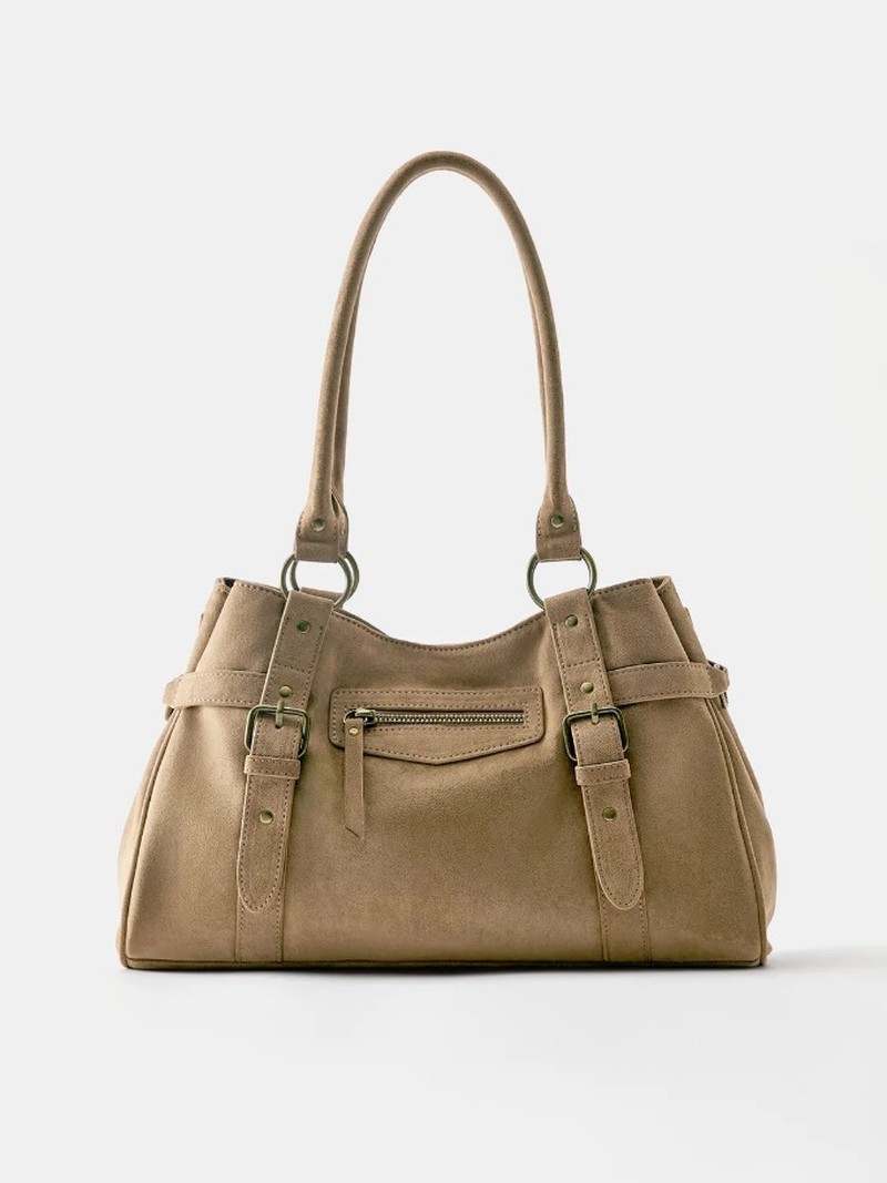 Tan Suede Buckle Tote